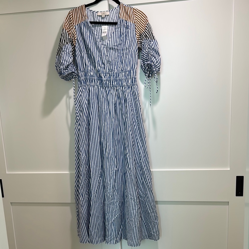 LOFT Striped Tie Puff Sleeve Midi Dress Size S NWT